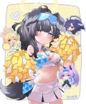  4girls ;d animal_ears arm_tattoo armpits black_hair blonde_hair blue_archive blue_buruma blue_headband breasts buruma character_name chibi chibi_inset cleavage commentary_request detached_collar dog_ears dog_girl dog_tail droopy_ears embarrassed eyewear_on_head facial_tattoo floating_headgear gakuran grey_eyes gym_shirt gym_uniform hair_between_eyes halo headband headgear hibiki_(blue_archive) hibiki_(cheer_squad)_(blue_archive) highres holding holding_pom_poms holding_stick kotori_(blue_archive) kotori_(cheer_squad)_(blue_archive) leaning_forward long_hair long_sleeves looking_at_viewer low_twintails medium_hair millennium_cheerleader_outfit_(blue_archive) multiple_girls navel official_alternate_costume official_alternate_hairstyle one_eye_closed pants parted_bangs parted_lips pleated_skirt pom_pom_(cheerleading) ponytail purple_eyes purple_hair red_eyes saiki_komari school_uniform shirt short_sleeves sidelocks simple_background skirt sleeveless smile star_tattoo stick stomach sunglasses tail tattoo twintails two-tone_background two-tone_skirt two_side_up utaha_(blue_archive) utaha_(cheer_squad)_(blue_archive) white_pants white_skirt yuuka_(blue_archive) yuuka_(track)_(blue_archive) 