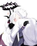  ^_^ absurdres ahoge black_gloves blue_archive blush closed_eyes coat demon_horns demon_wings fur-trimmed_coat fur_trim gloves grey_hair halo heart highres hina_(blue_archive) horns hug military_uniform parted_bangs sensei_(blue_archive) simple_background uniform white_background white_hair wings zenome_leon 