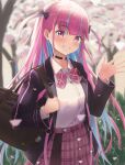  1girl absurdres bag blazer blurry blurry_background blush bow bowtie braid cherry_blossoms choker collared_shirt colored_inner_hair commentary crown_braid day grin hair_bow hair_ornament hairclip highres hololive jacket jewelry long_sleeves looking_at_viewer minato_aqua multicolored_hair necklace o-ring o-ring_choker outdoors plaid plaid_bow plaid_bowtie plaid_skirt potemaka purple_eyes school_bag school_uniform shirt skirt sky smile solo streaked_hair two-tone_hair two_side_up virtual_youtuber waving 