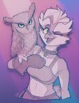  anthro avian bandage_on_beak beak bird clothed clothing collar digital_media_(artwork) duo eyebrow_piercing facial_piercing female female/female feral hi_res joy_(shammy) owl piercing sharkstuff simple_background size_difference spiked_collar spikes topwear 