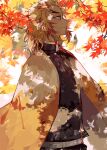  1boy absurdres autumn autumn_leaves black_shirt blonde_hair branch coat forked_eyebrows high_collar highres kimetsu_no_yaiba leaf looking_ahead male_focus maple_leaf multicolored_hair red_hair rei_(raysr) rengoku_kyoujurou shadow shirt smile solo two-tone_hair upper_body yellow_coat yellow_eyes 