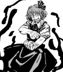  1girl absurdres ascot commentary eddybird55555 english_commentary greyscale hair_ribbon highres jujutsu_kaisen looking_at_viewer monochrome parody ribbon ringed_eyes rumia sharp_teeth short_sleeves simple_background solo teeth touhou 