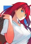  1girl ahoge aozaki_aoko blue_eyes blue_sky breasts closed_mouth hair_intakes highres long_hair looking_at_viewer moedredd red_hair shirt signature simple_background sky smile solo suitcase tsukihime upper_body white_shirt 