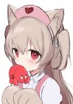  1girl animal_ear_fluff animal_ears animal_hands apron blush cat_ears collared_shirt fang gloves hair_between_eyes hat heart highres indie_virtual_youtuber kemonomimi_mode light_brown_hair long_hair looking_at_viewer mouth_hold natori_sana neku01n nurse_cap paw_gloves pink_apron pink_headwear puffy_short_sleeves puffy_sleeves red_eyes shirt short_sleeves simple_background solo two_side_up upper_body virtual_youtuber white_background white_shirt 
