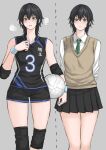  2girls absurdres arm_warmers bandaged_fingers bandages black_hair black_shirt black_shorts black_skirt blush brown_eyes closed_mouth collarbone collared_shirt fuku_(fuku12290574) green_necktie hair_between_eyes highres jersey knee_pads long_sleeves medium_hair multiple_girls necktie original shirt short_shorts shorts skirt sleeveless sportswear steam sweatdrop sweater_vest v-shaped_eyebrows volleyball volleyball_uniform white_shirt 