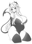  2023 big_breasts big_butt blush blush_lines breasts butt cakecatboy cleavage clothed clothing demon demon_humanoid female hair hi_res horn horned_humanoid huge_breasts huge_butt huge_thighs humanoid humanoid_pointy_ears long_hair looking_at_viewer monochrome overweight overweight_female overweight_humanoid pointed_tail signature simple_background smile solo succubus tail text thick_thighs 