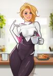  1girl artist_name blonde_hair blue_eyes bodysuit coffee coffee_cup croissant cup disposable_cup eyebrow_piercing food gwen_stacy highres holding holding_cup indoors looking_at_viewer marvel medium_hair olena_minko patreon_username piercing solo spider-gwen spider-man_(series) web_address 