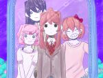  4girls alternate_costume arms_at_sides artist_name black_eyes blazer bow bright_pupils brown_hair cardigan casual closed_eyes closed_mouth collarbone collared_shirt commentary crossover doki_doki_literature_club dot_mouth dot_nose english_commentary expressionless grey_cardigan grin hair_between_eyes hair_bow hair_ornament hair_ribbon hairclip hand_on_own_hip highres jacket light_smile long_hair long_sleeves looking_at_viewer mirror monika_(doki_doki_literature_club) multiple_girls natsuki_(doki_doki_literature_club) neck_ribbon omocat_(style) omori outdoors parody pink_hair pink_shirt ponytail purple_hair purple_sky raion_(raionart) red_bow red_ribbon reflection ribbon saturn_(planet) sayori_(doki_doki_literature_club) school_uniform shirt short_hair short_sleeves sky smile split_mouth style_parody t-shirt teeth two_side_up upper_body v_arms white_bow white_pupils white_shirt yuri_(doki_doki_literature_club) 