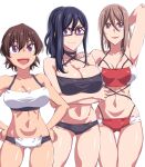  3girls arm_up bare_shoulders black_hair breasts brown_hair character_request collarbone commentary_request crossed_arms delinquent freckles glasses hands_on_own_hips highres hitomi-chan_wa_hitomishiri huge_breasts large_breasts light_brown_hair lips long_bangs long_hair long_neck midriff multiple_girls natsumi_chorisuke naughty_face navel official_art open_mouth pale_skin ponytail purple_eyes shiny_skin short_hair swimsuit thighs toned two-tone_swimsuit white_background 