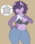  anthro bodily_fluids bottomwear bra breasts clothed clothing denim denim_clothing dialogue ear_piercing english_text equid equine exposed_breasts female flashing fur hair hi_res horse jeans mammal multicolored_body multicolored_fur navel navel_piercing nipple_slip noir_(petsoftthings) panties pants petsoftthings_(artist) piercing purple_body purple_fur purple_hair raised_clothing raised_shirt raised_topwear shirt solo sweat text topwear two_tone_body two_tone_fur underwear yellow_eyes 