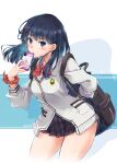  1girl absurdres backpack bag black_hair black_skirt blue_eyes blue_shirt blush bow bowtie cardigan cellphone closed_mouth collared_shirt commentary_request copyright_name english_text grey_background gridman_universe gridman_universe_(film) hair_behind_ear highres holding holding_phone long_hair looking_at_viewer miniskirt nt50 orange_scrunchie phone pleated_skirt red_bow red_bowtie school_uniform scrunchie shirt simple_background sitting skirt smartphone smile solo ssss.gridman sweater sweater_vest takarada_rikka thighs v-neck white_cardigan white_sweater wrist_scrunchie 