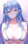  1girl bikini blue_hair braid breasts embarrassed flower french_braid hair_flower hair_ornament highres hololive huge_breasts kousi_sirazawa long_hair looking_at_viewer pointy_ears swimsuit very_long_hair virtual_youtuber white_bikini yellow_eyes yukihana_lamy 