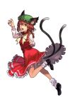  1girl animal_ear_fluff animal_ears bow brown_eyes brown_hair cat_ears cat_tail chen fangs frilled_hat frilled_skirt frills green_headwear hat highres hungry_clicker long_sleeves looking_at_viewer mob_cap multiple_tails open_mouth paw_pose red_skirt red_vest shirt skirt skirt_set sleeve_bow socks tail touhou two_tails vest white_background white_bow white_shirt white_socks yellow_bow 