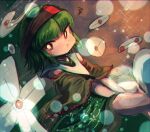  1other androgynous bad_id bad_pixiv_id bare_shoulders black_sleeves brown_background brown_headband collar crossed_legs detached_sleeves feet_out_of_frame floral_print frilled_sleeves frills green_hair green_skirt hands_on_lap headband japanese_clothes len&#039;en long_sleeves looking_at_viewer miniskirt para_(len&#039;en) para_(len&#039;en)_(oni) puffy_cheeks red_eyes shirt short_hair skirt sleeveless sleeveless_shirt solo sparkle squiggle v-shaped_eyebrows white_collar wide_sleeves yukkyon_kyon 