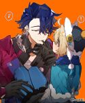  ! 1boy 1girl absurdres ahoge black_gloves blonde_hair blue_hair cowboy_shot gloves green_eyes height_difference highres honkai:_star_rail honkai_(series) kradebii lynx_landau musical_note orange_background sampo_koski short_hair simple_background spoken_musical_note 