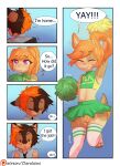  2017 anthro aoizuri bottomwear brown_body brown_fur bulge canid canine canis cheerleader cheerleader_outfit clothing digital_drawing_(artwork) digital_media_(artwork) domestic_dog duo eyes_closed freckles fur genital_outline gesture girly hair hi_res jumping male male/male mammal multicolored_hair nervous open_mouth penis_outline pom_poms question_mark skirt smile tan_body tan_fur thumbs_up two_tone_hair 