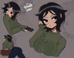  1girl abottleofstars ass black_eyes black_hair breasts controller denim eyelashes eyeshadow highres hollie_hawkes jeans large_breasts makeup pants remote_control ribbed_sweater scott_pilgrim_(series) scott_pilgrim_takes_off short_hair sweater 