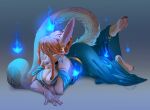  anthro big_breasts blue_fire breasts clothing colored_fire dress ear_piercing feet female feral fire gradient_background hair looking_at_viewer orange_hair piercing ring simple_background solo tagme tail zilyabobka 