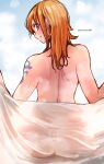 1girl aosora2823 arm_tattoo ass back blush brown_eyes commentary from_behind grin highres holding holding_towel looking_at_viewer looking_back medium_hair nami_(one_piece) nude one_piece orange_hair see-through_silhouette sitting smile solo steam tattoo towel twitter_username wet wet_hair 