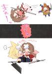  &gt;_&lt; 1boy 1girl aerith_gainsborough aqua_eyes bandaid bandaid_on_head belt blonde_hair blue_pants blue_shirt blush braid braided_ponytail brown_belt brown_hair buster_sword chibi closed_eyes cloud_strife final_fantasy final_fantasy_vii final_fantasy_vii_remake holding holding_staff huge_weapon injury jacket krudears long_hair open_mouth pants parted_bangs red_jacket shirt single_braid staff tears weapon white_background 