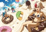  6+girls absurdres ahoge bare_arms bare_legs bare_shoulders barefoot bell bikini black_bikini black_eyes black_hair blue_bikini blue_hair blush breasts brown_eyes brown_hair cleavage collarbone commentary day double_bun english_commentary food green_bikini green_hair greentanuki hair_between_eyes hair_bun highres holding holding_food innertube jingle_bell large_breasts long_hair multicolored_hair multiple_girls navel nina_(moutama) open_mouth original outdoors purple_hair red_eyes red_hair short_hair smile swimsuit two-tone_hair two_side_up white_bikini white_hair 