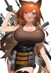  1girl absurdres animal_ears arknights belt breasts brown_hair ceobe_(arknights) cleavage cool_est dog_ears dog_girl drooling fang hand_up highres large_breasts long_hair open_mouth shirt skin_fang sleeveless sleeveless_shirt smile sparkling_eyes 