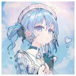  1girl black_choker black_gloves black_ribbon blue_background blue_eyes blue_hair blue_sky blush choker cloud cloudy_sky collared_shirt crown eyelashes gloves hair_between_eyes hair_ribbon hand_up heart hololive hoshimachi_suisei hoshimachi_suisei_(1st_costume) jacket karyln long_sleeves looking_at_viewer mini_crown partially_fingerless_gloves plaid plaid_headwear plaid_jacket ribbon shirt sky solo tilted_headwear upper_body virtual_youtuber 