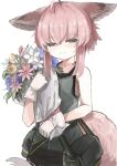 1girl ahoge animal_ears arknights bag bare_arms bare_shoulders black_vest blue_eyes blush bouquet closed_mouth collarbone commentary crossed_bangs flower fox_ears fox_girl fox_tail gloves hair_between_eyes half-closed_eyes highres holding holding_bouquet oripathy_lesion_(arknights) pink_hair short_hair simple_background smile solo sussurro_(arknights) tail tsuyukusa_(tuyukusa_aaa) upper_body vest white_background white_gloves 