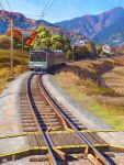  autumn blue_sky building commentary_request day grass ground_vehicle highres house mountain mugumo_24k no_humans original outdoors power_lines railroad_tracks scenery sky train tree utility_pole 