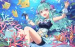  1girl aqua_hair bike_shorts blue_skirt clownfish controller crown ema_yutaka finana_ryugu finana_ryugu_(1st_costume) fins fish flower frilled_sailor_collar frills game_controller hair_flower hair_ornament head_fins long_hair nijisanji nijisanji_en purple_eyes purple_flower sailor_collar seashell shell showgirl_skirt skirt solo virtual_youtuber 