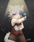  2016 absurd_res anthro artist_name blush clothed clothing container cup felid hi_res holding_container holding_cup holding_object male mammal pantherine red_eyes simple_background snow_leopard solo tail whywhyouo 