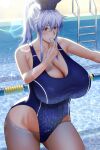  1girl alternate_hairstyle blue_hair blue_headwear blue_one-piece_swimsuit blush breasts collarbone commentary_request cowboy_shot highres huge_breasts inui_(shirakawa777) kamishirasawa_keine long_hair one-piece_swimsuit ponytail pool red_eyes solo swimsuit touhou whistle 