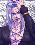  1boy hand_in_own_hair hat highres jojo_no_kimyou_na_bouken leone_abbacchio lipstick long_hair makeup male_focus purple_eyes purple_lips ruushii_(lucy_steel6969) smirk solo vento_aureo 