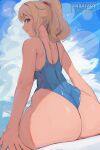  1girl ass bare_arms bare_shoulders blonde_hair blue_leotard closed_mouth commentary english_commentary from_behind highres leotard looking_at_viewer looking_back medium_hair metroid mirai_hikari outdoors patreon_username ponytail samus_aran sitting smile solo thighs 