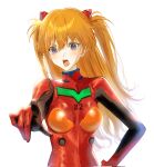  1girl artist_request blue_eyes blush bodysuit breasts brown_hair highres interface_headset long_hair looking_at_viewer medium_breasts neon_genesis_evangelion plugsuit pointing pointing_at_viewer red_bodysuit skin_tight souryuu_asuka_langley two_side_up 