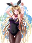  1girl animal_ears armpits black_leotard blonde_hair blush bow bowtie breasts brown_pantyhose cleavage closed_mouth covered_navel fake_animal_ears fate_testarossa highres large_breasts leotard long_hair looking_at_viewer lyrical_nanoha mahou_shoujo_lyrical_nanoha_strikers pantyhose playboy_bunny rabbit_ears rabbit_pose red_bow red_bowtie red_eyes smile solo sougetsu_izuki 