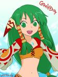  1girl :d breasts cloud copyright_name dated feena_(grandia) grandia grandia_i green_eyes green_hair hair_ornament hair_tubes jewelry long_hair looking_at_viewer low-tied_long_hair matibito_kozu midriff navel necklace open_mouth smile solo 