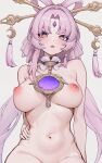  1girl absurdres breasts completely_nude forehead_jewel fu_xuan_(honkai:_star_rail) hair_ornament hair_stick highres honkai:_star_rail honkai_(series) juejue large_breasts long_hair looking_at_viewer low_twintails navel nipples nude open_mouth parted_bangs pink_hair solo twintails very_long_hair white_background yellow_eyes 