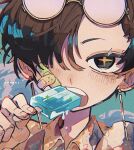  1boy artist_name bandaid bishounen black_eyes black_hair earrings eyewear_on_head food hair_over_one_eye hawaiian_shirt jewelry kpnoks male_focus open_mouth original popsicle shirt short_hair solo sparkling_eyes 