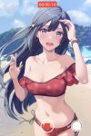  1girl beach bikini black_hair blurry blurry_background bracelet breasts cleavage collarbone commentary_request depth_of_field drop_earrings earrings grey_eyes hands_up highres jewelry large_breasts long_hair looking_at_viewer love_live! love_live!_nijigasaki_high_school_idol_club navel ocean off-shoulder_bikini off_shoulder one_side_up open_mouth outdoors pause_button recording red_bikini shamakho side-tie_bikini_bottom solo stomach swimsuit yuuki_setsuna_(love_live!) 