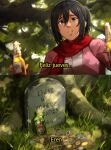  1girl absurdres alcohol black_hair bottle grass grave highres holding holding_bottle khyle. mikasa_ackerman outdoors ponytail red_scarf scar scar_on_face scarf shingeki_no_kyojin smile spanish_text subtitled tree 