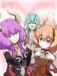  3girls :d aqua_hair aura_(sousou_no_frieren) black_gloves blue_eyes brown_dress brown_hair closed_mouth clothing_cutout commentary_request demon_girl demon_horns dress elbow_gloves frown gloves green_eyes grey_dress grey_shirt gyaru_v hair_between_eyes heart heart_hands highres horns linie_(sousou_no_frieren) long_hair looking_at_viewer low-braided_long_hair medium_hair multiple_girls navel navel_cutout open_mouth orange_hair pink_background purple_eyes purple_hair sekishoku_manboo shirt smile solitar_(sousou_no_frieren) sousou_no_frieren twintails v wide_sleeves 