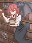  1girl black_skirt black_vest blush book book_stack character_name collared_shirt commentary_request demon_girl demon_wings fang feet_out_of_frame flying grey_wings hair_between_eyes head_wings highres holding holding_book koakuma kuri_dora library long_bangs long_hair looking_at_viewer open_mouth red_eyes red_hair shirt sidelocks skirt skirt_set sleeves_rolled_up solo touhou vest white_shirt wings 