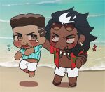  2boys baptiste_(overwatch) beach beard_stubble black_hair blush_stickers chest_tattoo chibi couple dark-skinned_male dark_skin day facial_hair full_beard hawaiian_shirt highres jewelry laughing lifting_person male_focus mature_male mauga_(overwatch) multiple_boys mustache necklace ocean outdoors overwatch overwatch_2 sand sanpaku shirt shirt_grab shorts shoulder_tattoo sideways_glance size_difference sunglasses tattoo tearing_up thick_eyebrows thre_shar tooth_necklace undercut white_shorts yaoi 