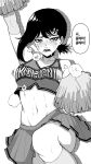  1girl absurdres arm_up black_hair breasts chainsaw_man character_name cheering cheerleader crop_top greyscale hair_ornament hairclip halftone halftone_background higashiyama_kobeni highres holding holding_pom_poms huffing leg_up looking_at_viewer medium_breasts midriff monochrome navel open_mouth pom_pom_(cheerleading) short_hair short_ponytail simple_background single_sidelock skirt snot solo sweat tears thighhighs translation_request white_background yones81239278 