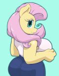  2023 absurd_res anthro big_breasts big_butt blush breasts butt clothed clothing equid equine female fluttershy_(mlp) four-pundo friendship_is_magic green_eyes hair hasbro hi_res horse looking_at_viewer looking_back looking_back_at_viewer mammal my_little_pony pink_hair pony simple_background smile smiling_at_viewer solo yellow_body 