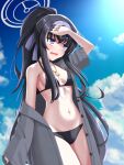  1girl absurdres black_hair blue_archive blue_hairband blue_sky breasts cardigan cloud day grey_cardigan hairband halo highres jewelry kurage-jellyfish long_hair medium_breasts navel necklace official_alternate_costume open_cardigan open_clothes open_mouth outdoors ponytail purple_eyes sky swimsuit ui_(blue_archive) ui_(swimsuit)_(blue_archive) 