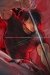  1boy black_hair covered_abs feet_out_of_frame fighting_stance fushiguro_touji glint hair_between_eyes highres holding holding_sword holding_weapon jujutsu_kaisen lailu lens_flare looking_at_viewer male_focus mature_male raised_eyebrow red_background sanpaku scar scar_on_face scar_on_mouth serious shirt short_hair slit_pupils solo sword sword_in_front_of_face t-shirt thick_eyebrows weapon 
