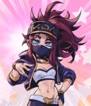  1girl akali blue_eyes blue_jacket bracelet breasts brown_hair cleavage crop_top fingerless_gloves gloves hand_on_own_hip high_ponytail jacket jewelry k/da_(league_of_legends) k/da_akali league_of_legends long_hair mask mouth_mask navel necklace official_alternate_costume official_alternate_hairstyle open_clothes open_jacket phantom_ix_row ponytail single_fingerless_glove solo stomach 