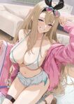  1girl akita_hika blonde_hair blue_eyes blush breasts cleavage grin highres large_breasts long_hair long_sleeves looking_at_viewer navel original smile solo 